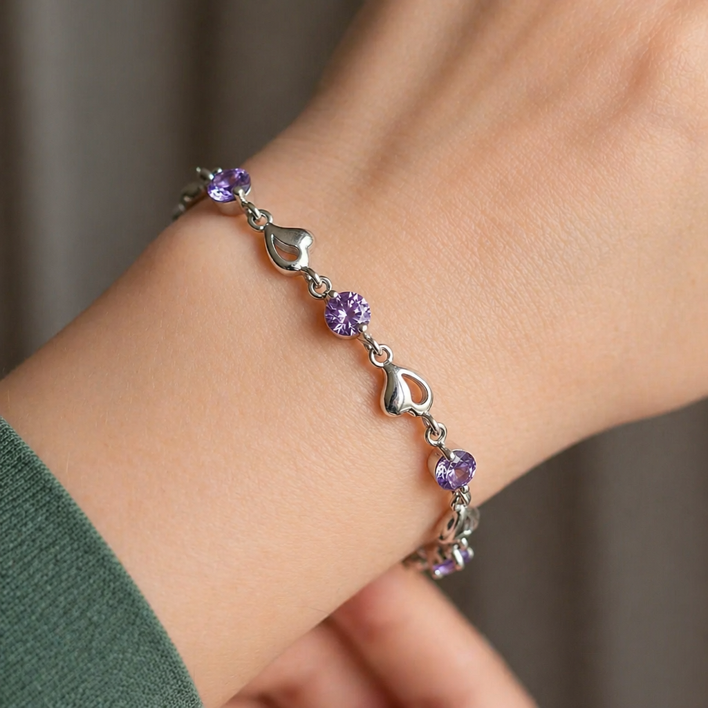 Sophisticated Amethyst Heart Charm Bracelet