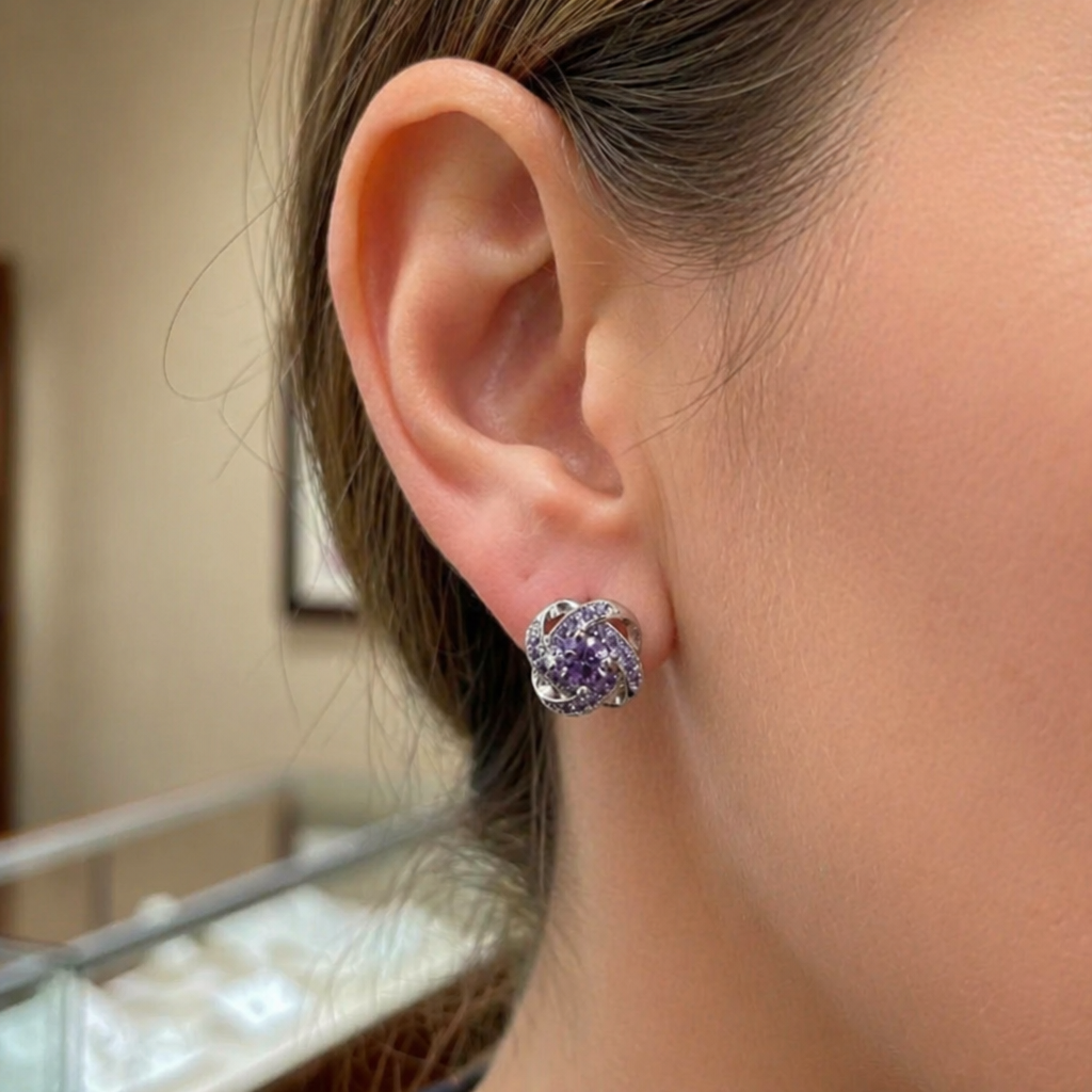 Elegant Purple Crystal Knot Earrings