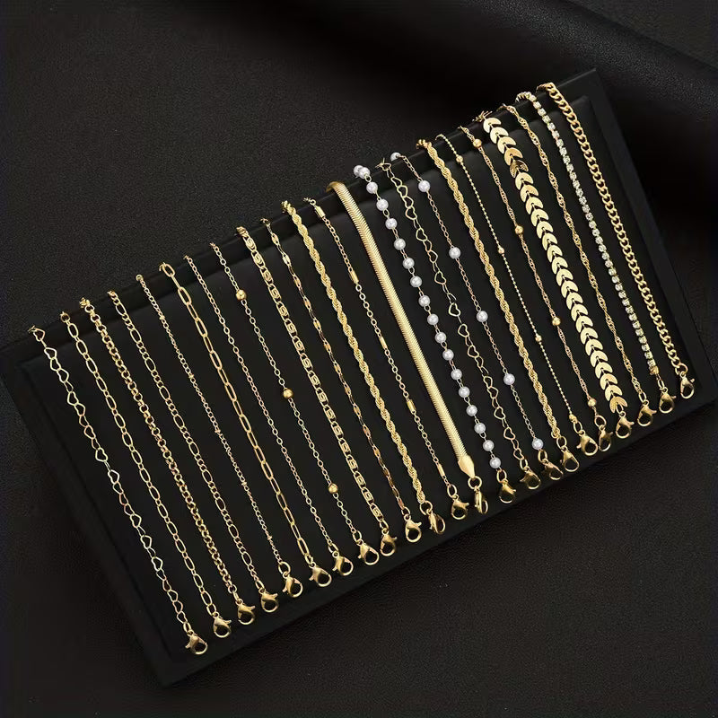Golden Pearl Chain Bracelet Set of 23